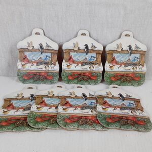 Christmas Corkboard Coasters Set of 7 Winter Birds Birdhouse Pine Cones